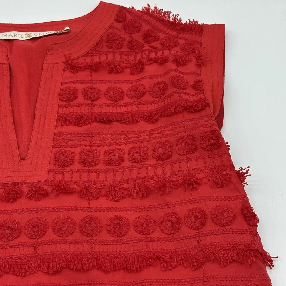 Marie Oliver Herra Women's Size XS Salsa Red Embroidery & Fringe Shift Dress - Picture 6 of 15